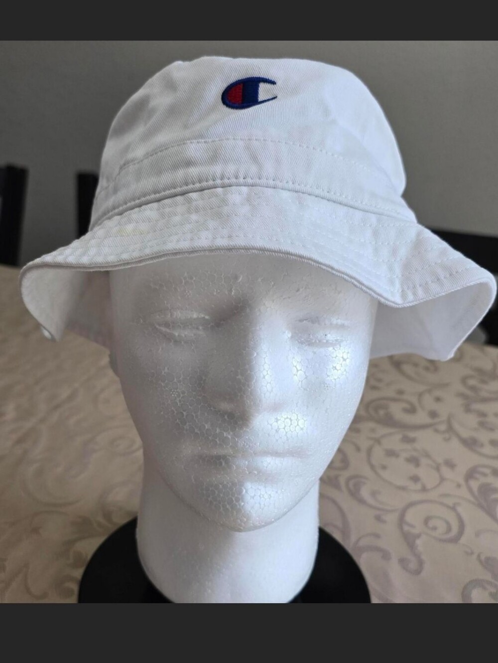 Champion White Bucket Hat with Blue & Red Logo